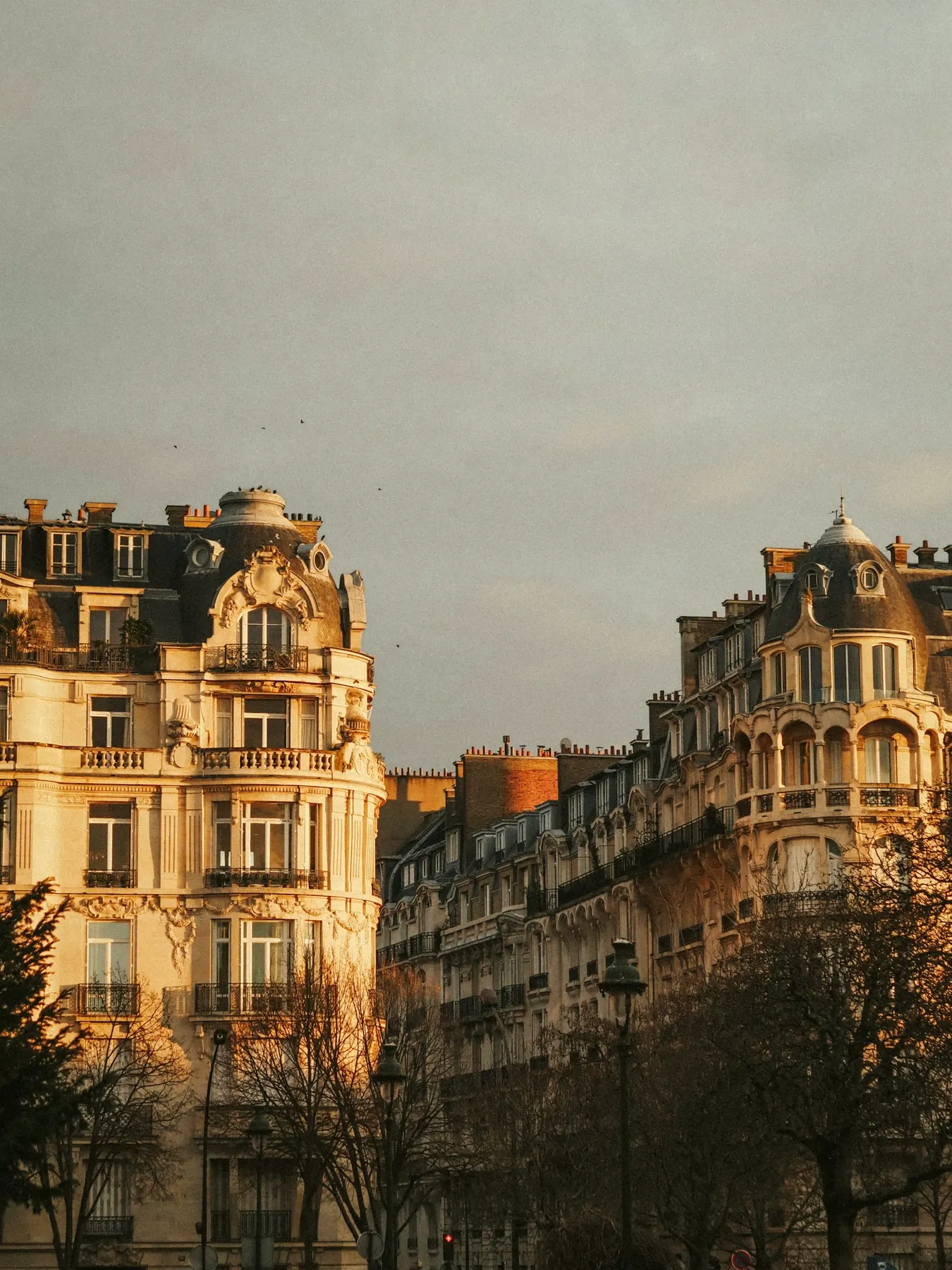 Deux façades haussmanniennes ouvragées dans la lumière du soir