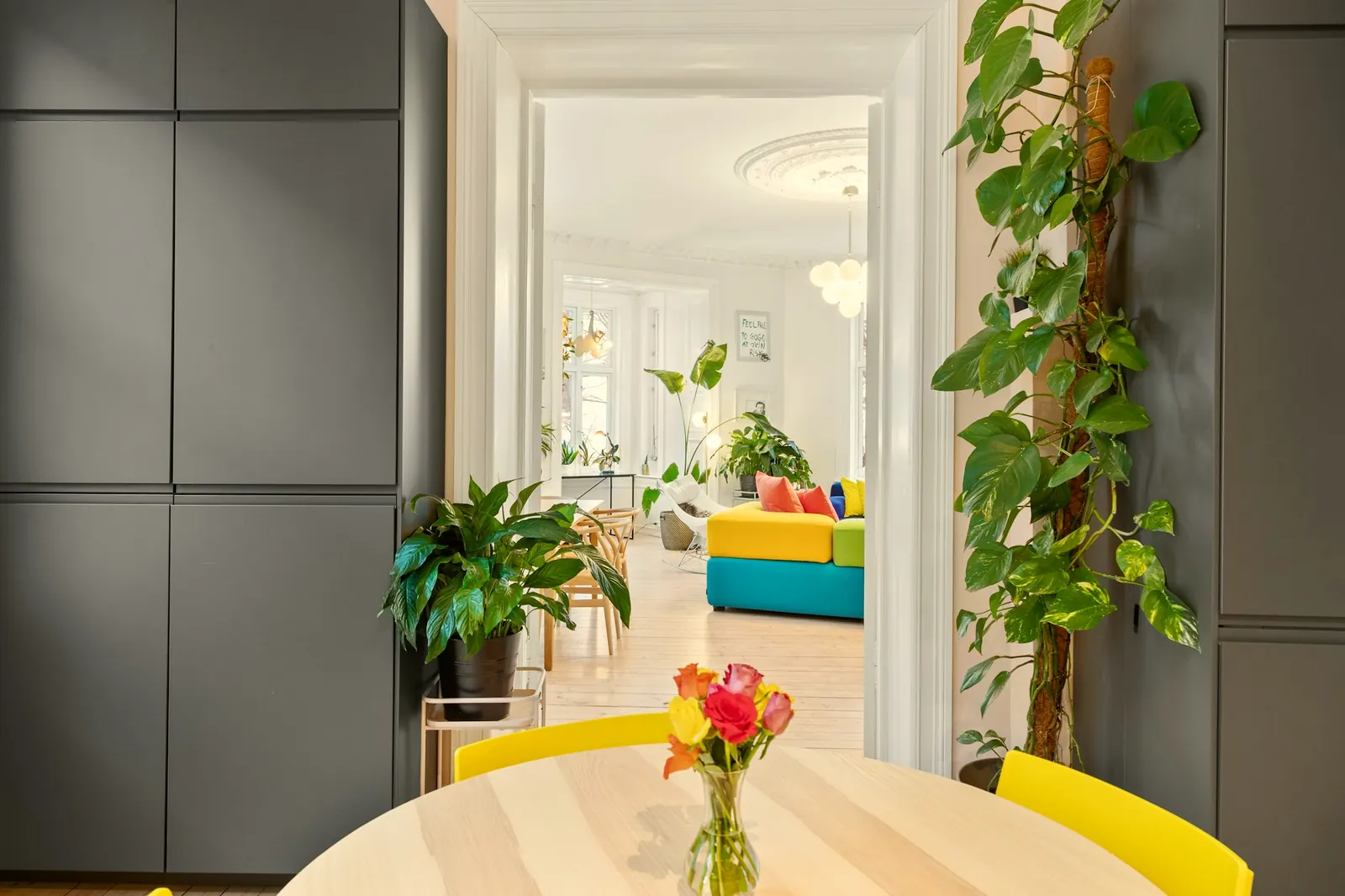Table ronde et plantes, vue sur le séjour